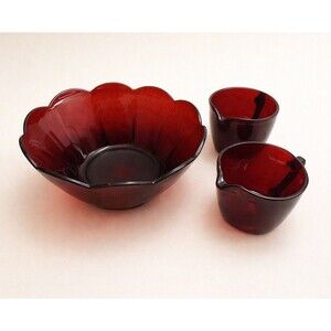 Anchor Hocking Ruby Red Glass Scalloped Bowl & Creamer Set Vintage